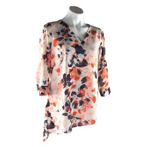 The Limited Shirt Womens S Floral V Neck Asymmetric Top Blouse‎ 3/4 Roll Sleeve